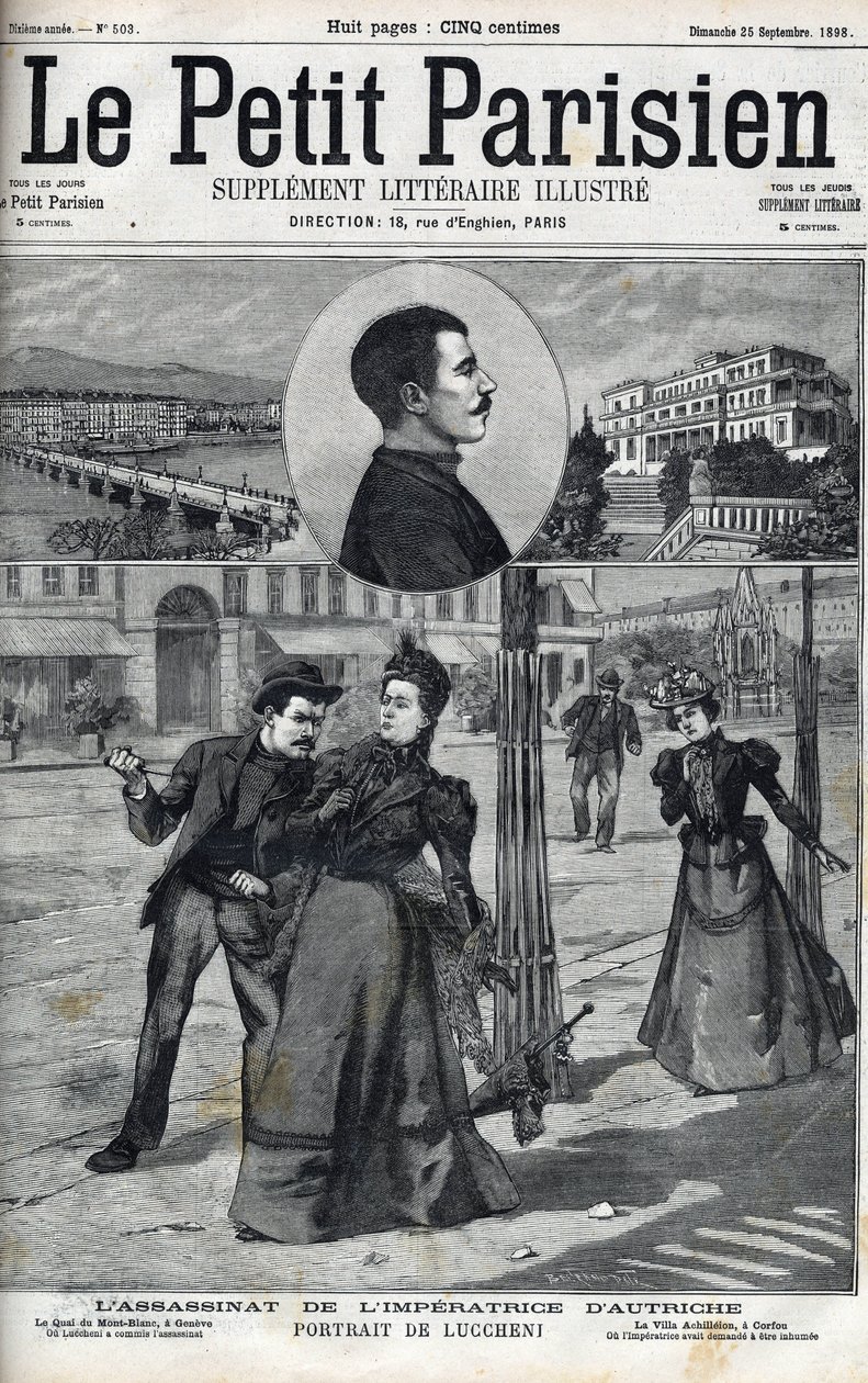 Ermordung der Kaiserin Elisabeth von Österreich (Sissi) durch den italienischen Anarchisten Luccheni in Genf im Jahr 1898. Titelblatt von „Le petit Parisien“ 1898 von French School
