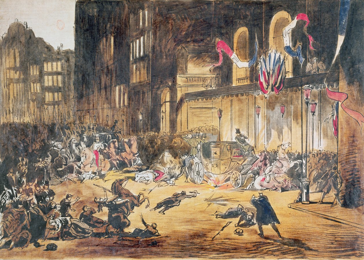 Attentat auf das Leben von Napoleon III. und seiner Frau Eugenie durch Felice Orsini und drei Komplizen am 4. Januar 1858 in Paris von French School