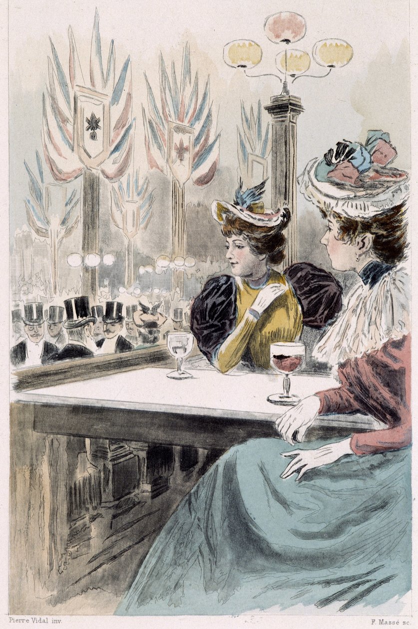 Im Moulin Rouge: Frauen sitzen vor einem Glas - in "Nos contemporains" von Octave Uzanne von French School
