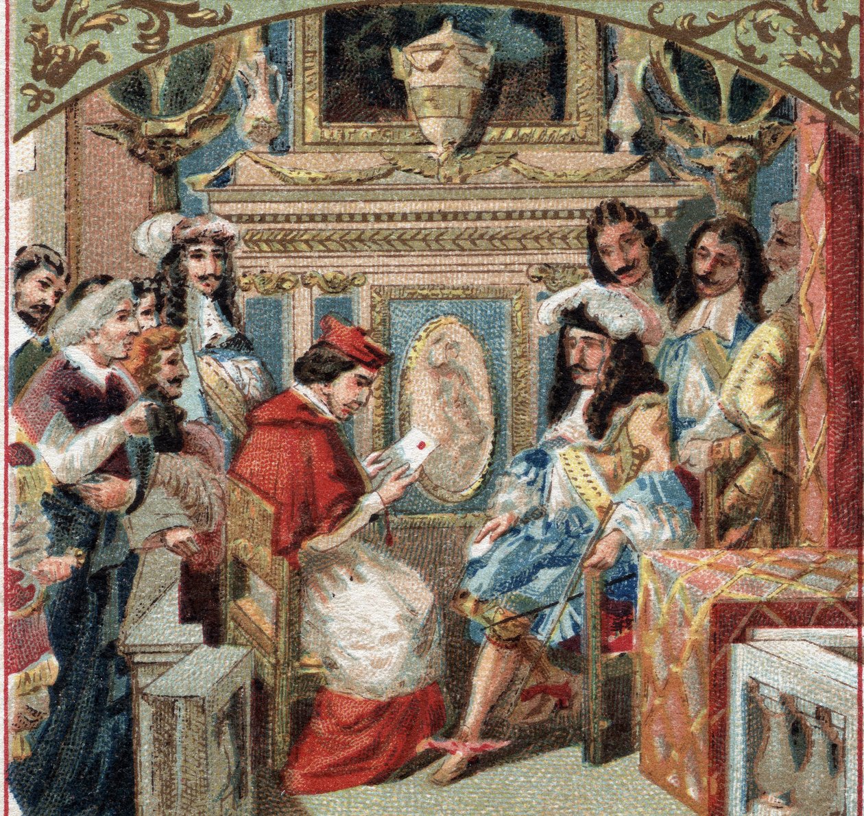Audienz des Legaten im Zimmer des Königs (Ludwig XIV?) im Schloss von Versailles. Chromolithografie des späten 19. Jahrhunderts von French School