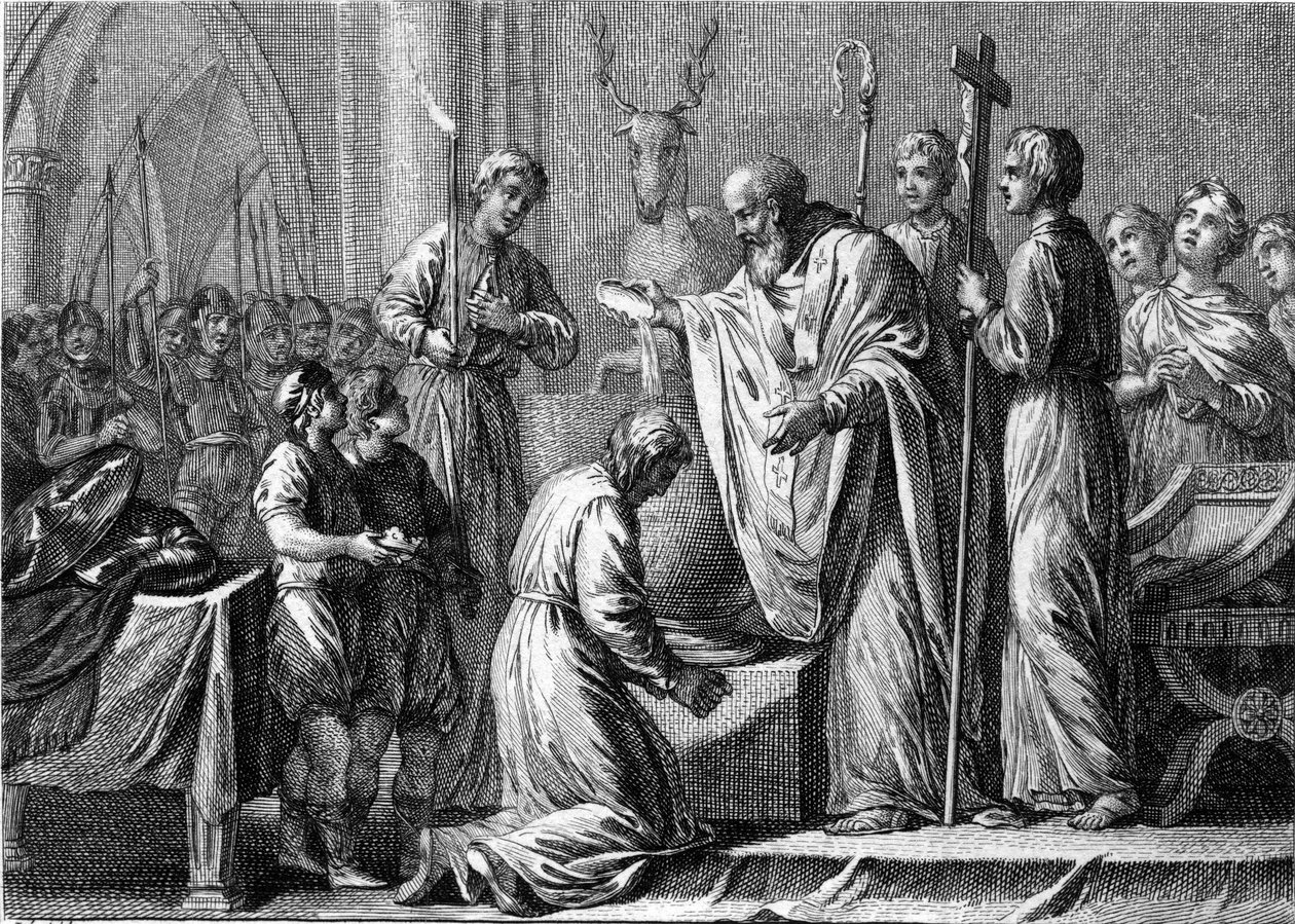 Taufe von Clovis I., 25. Dezember 496: Der König der Franken (466-511) wird von Saint Remi (437-533), Bischof von Reims, in der Kirche Saint Martin getauft. Gravur des 18. Jahrhunderts. von French School