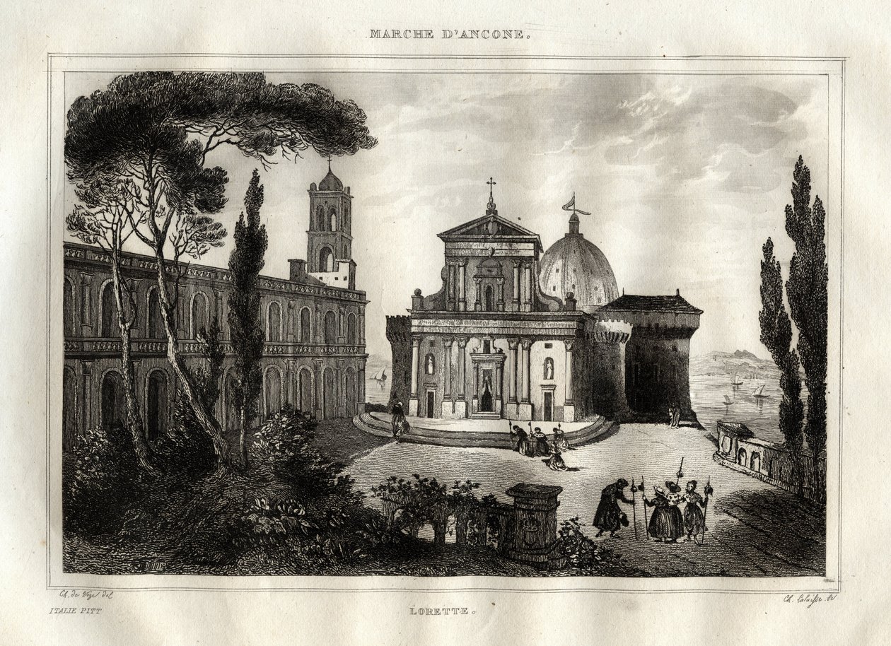 Basilica della Santa Casa - Loreto - Heiligtum von Lorette - Loreto - Basilika Unserer Lieben Frau von Loreto - Heiliges Haus von Loreto oder Haus von Nazareth - Gravur aus "Picturesque Italy" - Historische und beschreibende Malerei Italiens" von M. de Nor von French School