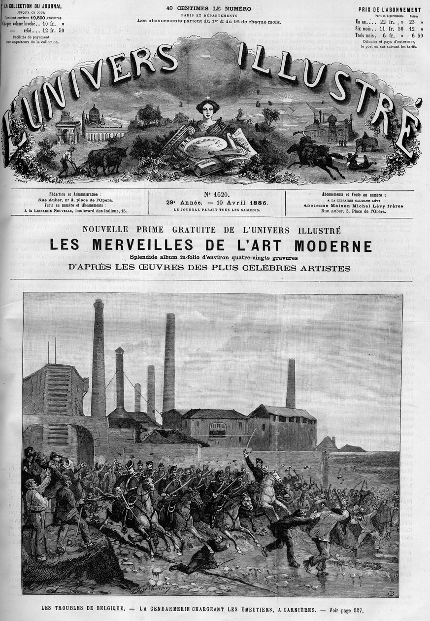 Belgischer Arbeiterstreik: die Polizei lädt die Reiter in Carnieres. Eine Zeitung. Gravur in „Le Monde Illustré“ von French School