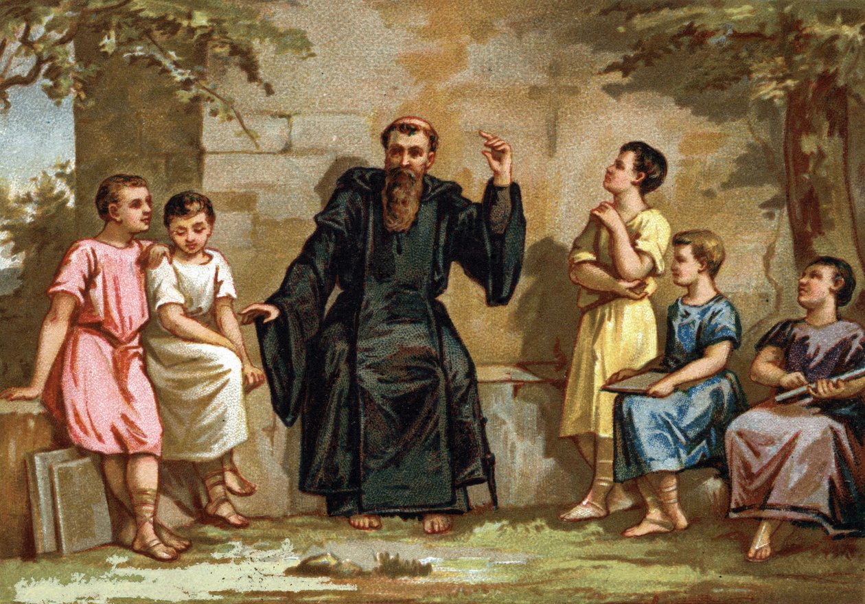 Benoit de Nursie, oder Heiliger Benedikt, lehrt seine Regel, Chromolithographie des späten 19. Jahrhunderts von French School