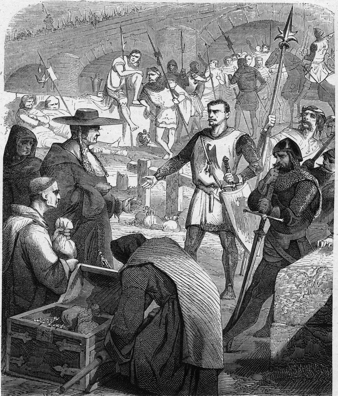 Bertrand du Guesclin (ca. 1320-1380), Konnetabel von Frankreich, weigert sich, Geld von den Einwohnern von Avignon anzunehmen. Gravur in „Histoire De France En Cent Tableaux“ von Paul Lehugeur 1891 von French School