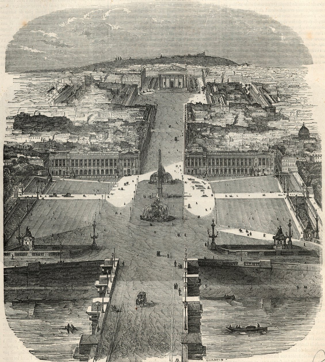 Vogelperspektive auf den Place de la Concorde, Rue Royale mit der Kirche der Madeleine - Gravur in „Tableau-de-Paris“ von Edmond Texier 1852. von French School