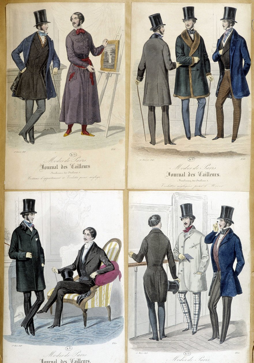 Tafeln, die die Männermode aus dem „Journal des tailors“ von 1848 illustrieren. von French School