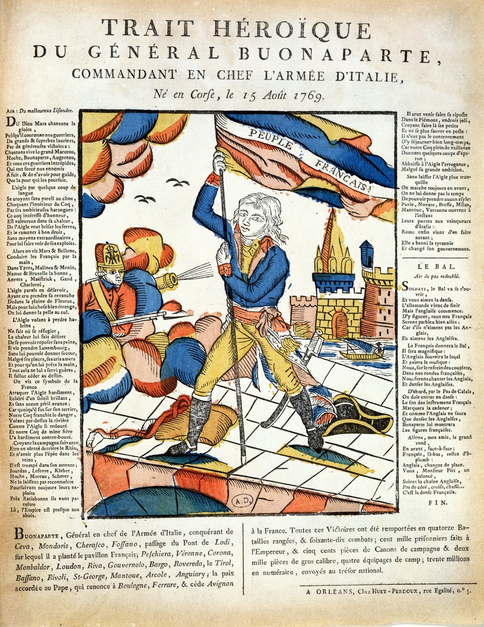 Bonaparte (1769-1821) pflanzt die französische Flagge auf der Lodi-Brücke, 10. Mai 1796 aus L