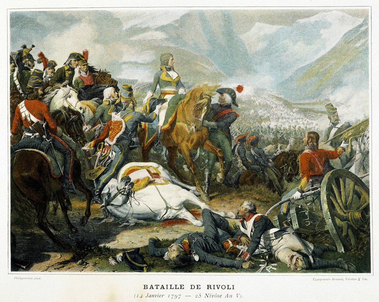 Bonaparte (Mitte), nach seinem Sieg über die Österreicher in der Schlacht bei Rivoli (Italien) am 14. Januar von French School
