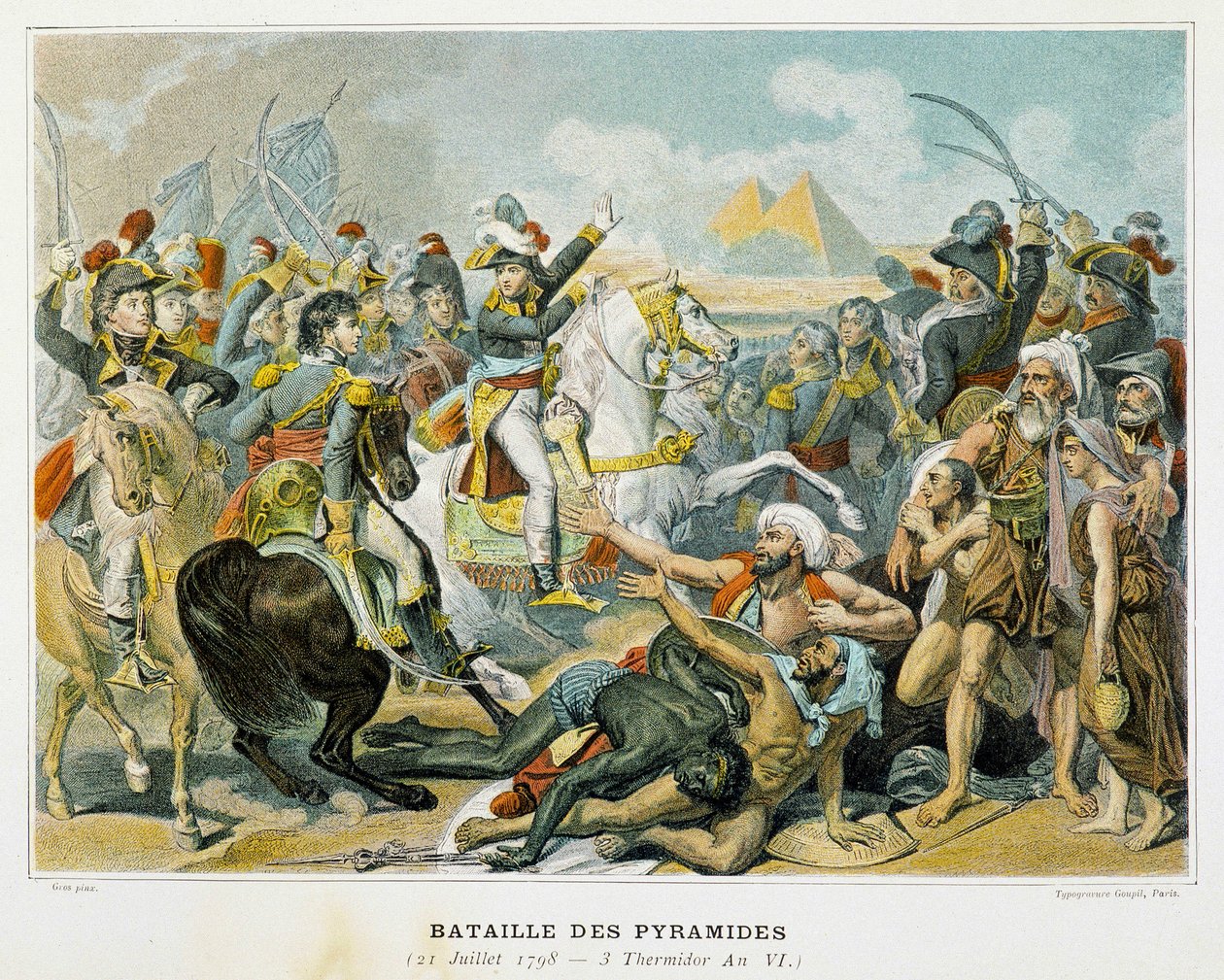 Bonaparte (Mitte) und seine Truppen während der Schlacht bei den Pyramiden am 21. Juli 1798. von French School
