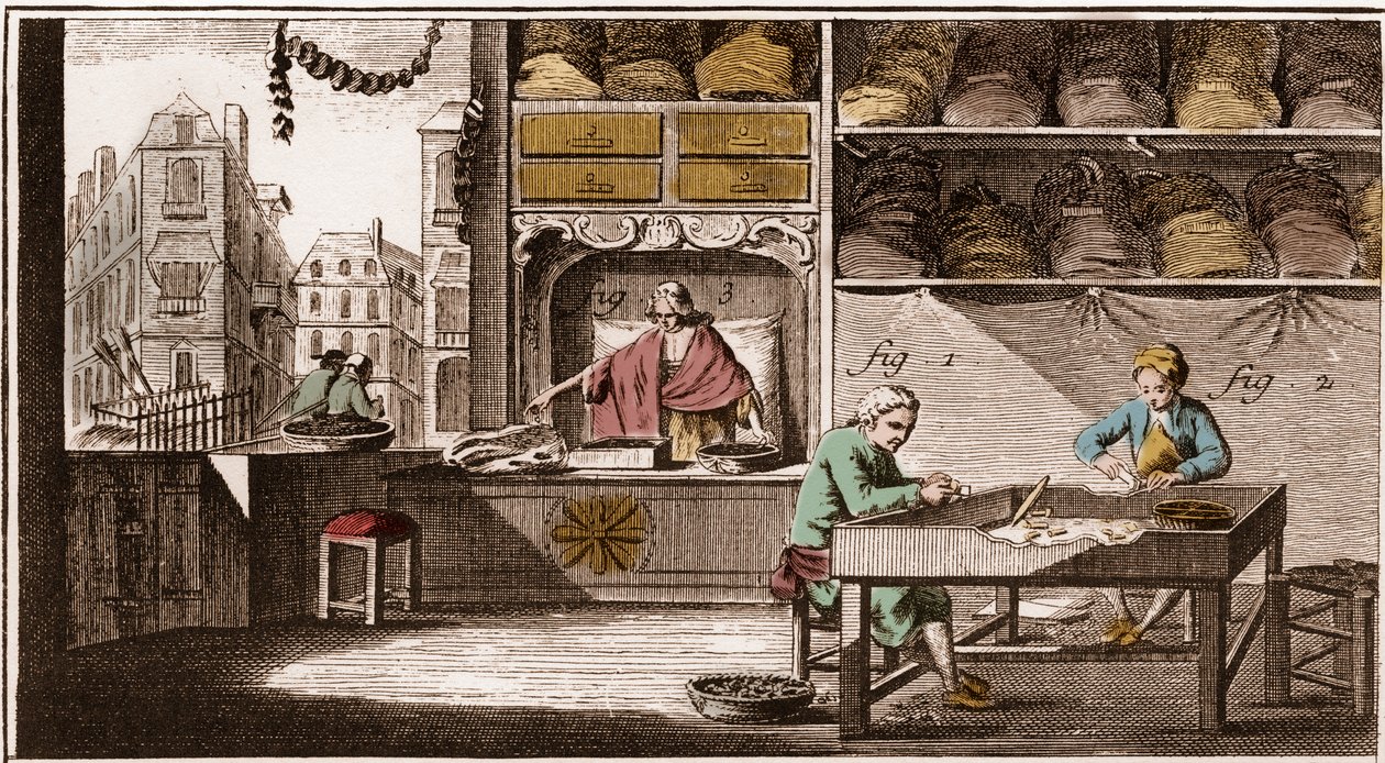 Korkenzieher, Herstellung von Korkstopfen - „Die Große Enzyklopädie, oder Dictionnaire Raisonne des Sciences, des Arts et des Metiers“ von Denis Diderot (1713-1784) und Jean d