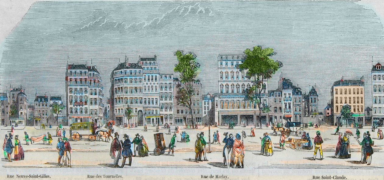 Boulevard Beaumarchais Südseite - Rue Neuve-Saint-Gilles - Rue des Tournelles - Rue de Harlay - Rue Saint-Claude - Gravur in „Tableau-de-Paris“ von Edmond Texier 1852. von French School