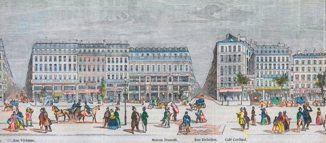 Boulevard Montmartre Südseite und Boulevard des Italiens Südseite - Rue Vivienne - Maison Frascati - Rue Richelieu - Café Cardinal - Gravur in "Tableau-de-Paris" von Edmond Texier 1852 von French School