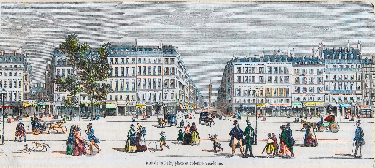 Boulevard des Capucines (Südküste) - Rue de la Paix, Platz und Säule Vendome - Gravur in "Tableau-de-Paris" von Edmond Texier 1852 von French School