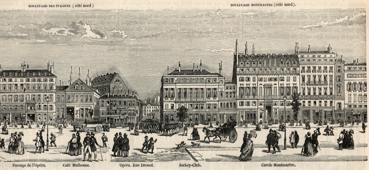 Boulevard des Italiens und Boulevard Montmartre - Café Mulhouse - Cercle Montmartre - Jockey Club - Gravur in „Tableau-de-Paris“ von Edmond Texier 1852 von French School