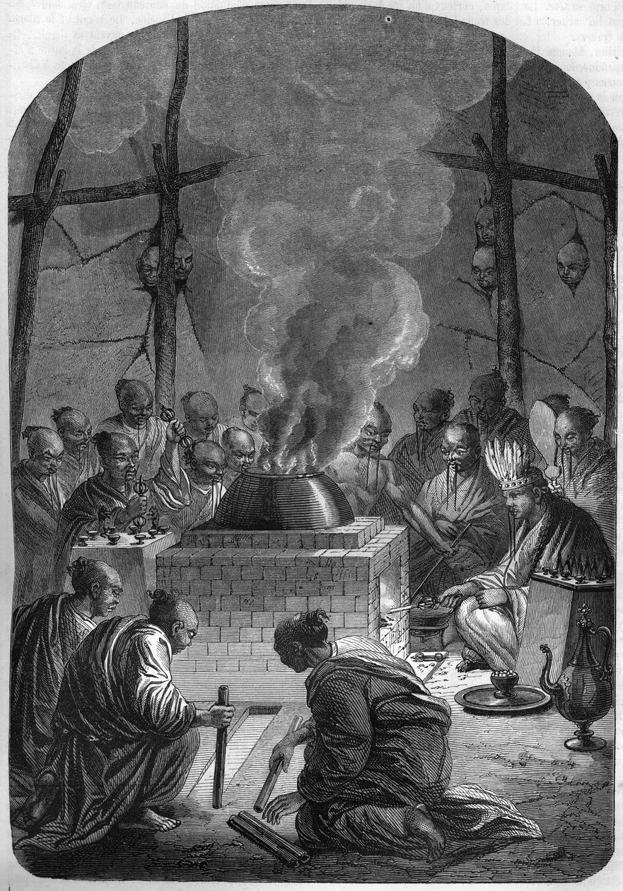 Buddhismus: Einäscherung eines tibetischen Lamas (hoher Priester) bei den Kalmücken in Russland. von French School