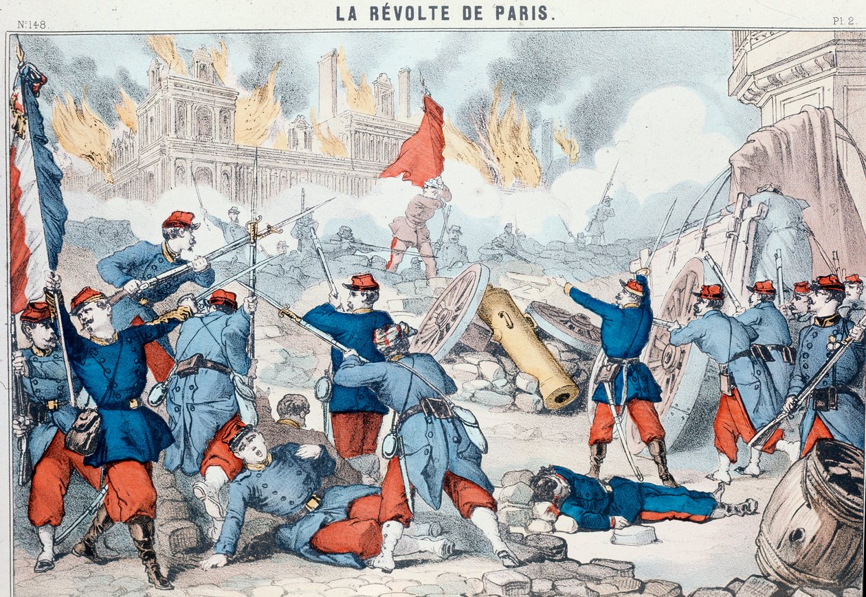 Brand und Zerstörung des Pariser Rathauses durch die Kommunarden, Mai 1871 (Epinal-Druck) von French School