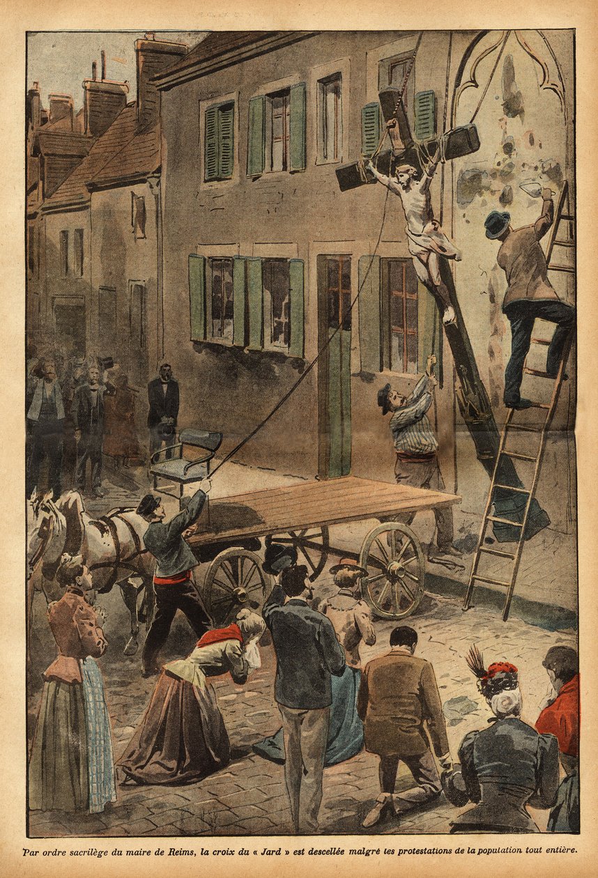 Auf Anordnung des Bürgermeisters von Reims, Charles Arnould, wurde das Kreuz an der Wand der Schule in der Rue du Jard abgenommen, was zahlreiche Proteste im Kontext der fortschreitenden Säkularisierung der staatlichen Institutionen auslöste. Gravur in "Le von French School