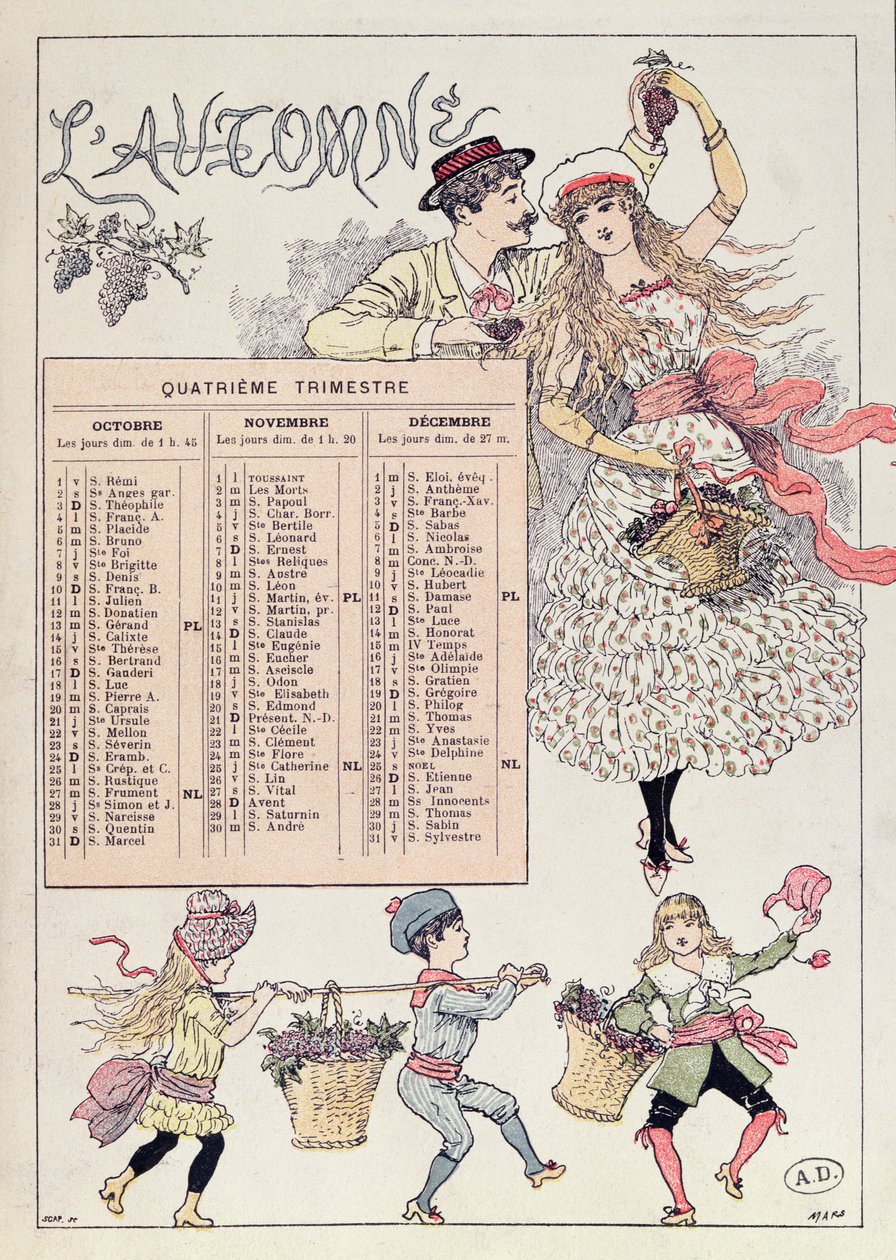 Kalender für den Herbst 1886, ca. 1885 von French School