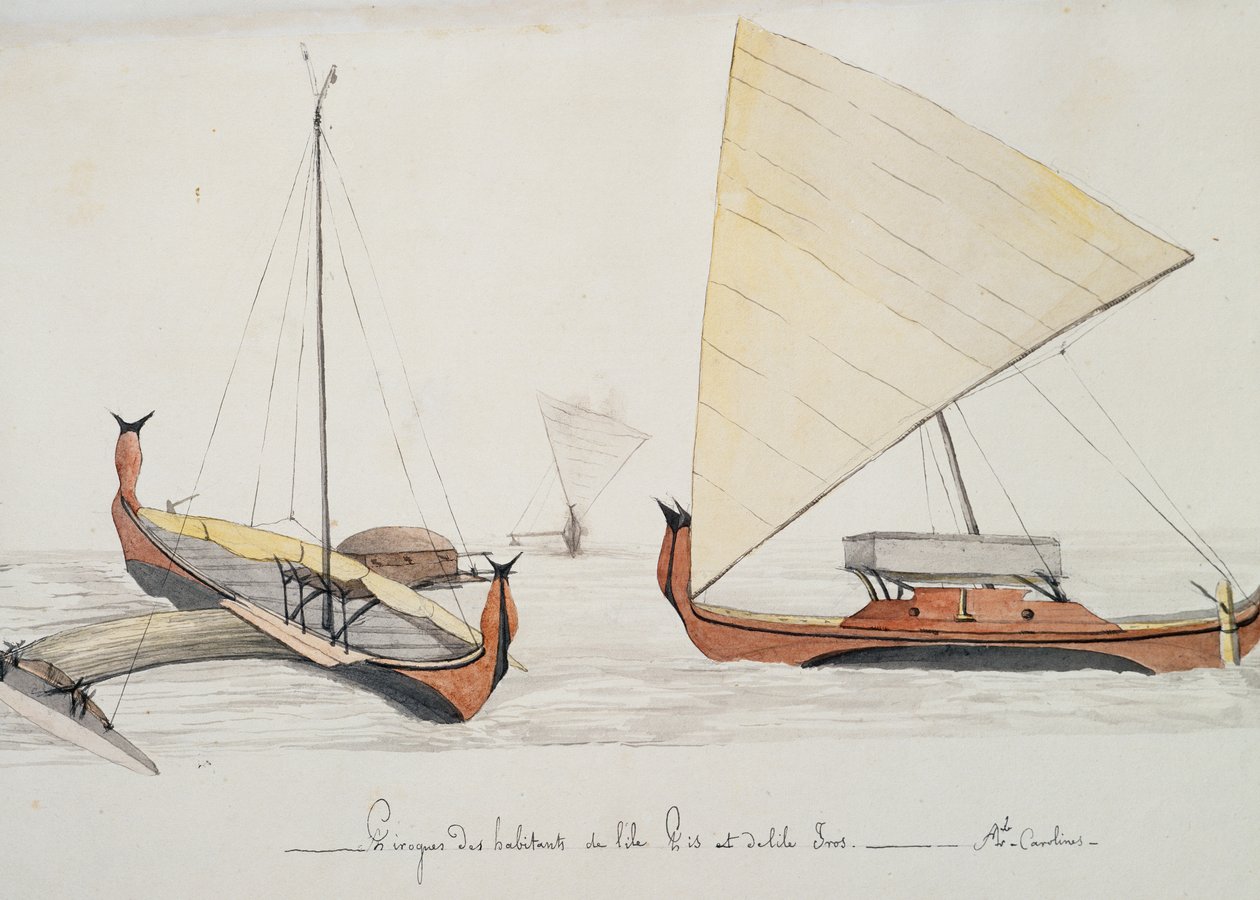 Kanus der Bewohner der Pis- und Iros-Inseln (Karolineninseln), Aquarell von Jules-Louis Lejeune, aus Duperreys Reise von French School