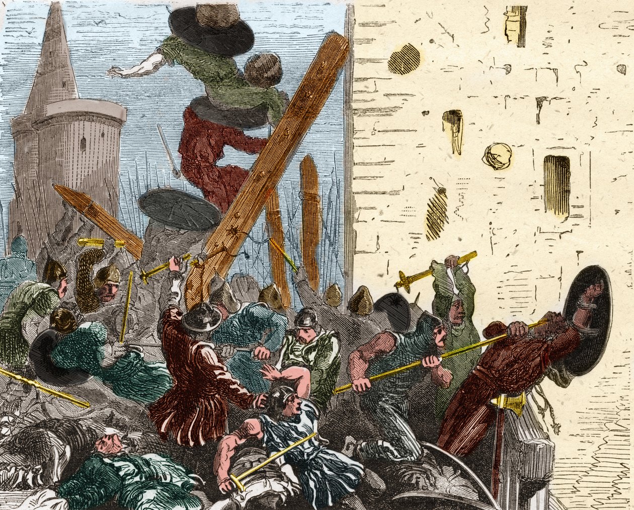 Eroberung von Carcassonne während des Kreuzzugs gegen die Albigenser im August 1209. Gravur in "Histoire De France En Cent Tableaux" von Paul Lehugeur, 1891 von French School