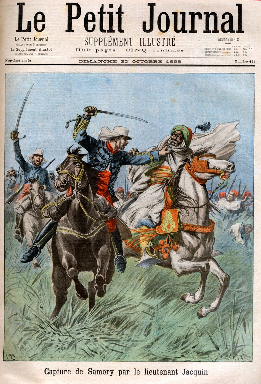 Gefangennahme von Samory Toure (ca. 1830-1900), sudanesischer Führer und Gegner der französischen Kolonisation in Afrika, durch Hauptmann Gouraud und Leutnant Jacquin. Sudan. von French School