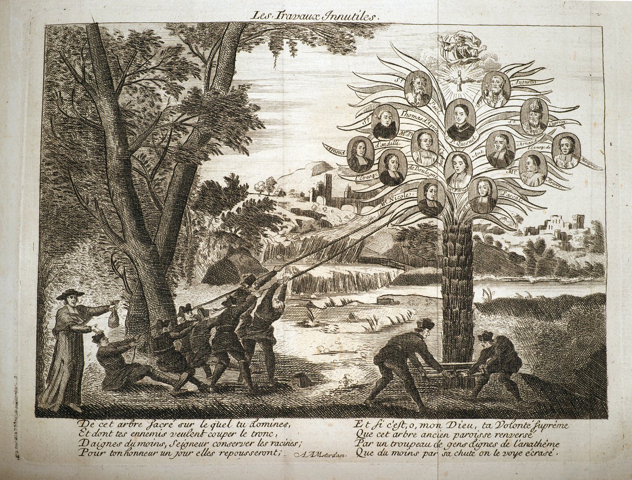 Karikatur, die Jesuiten zeigt, die versuchen, den Baum des Jansenismus zu fällen von French School