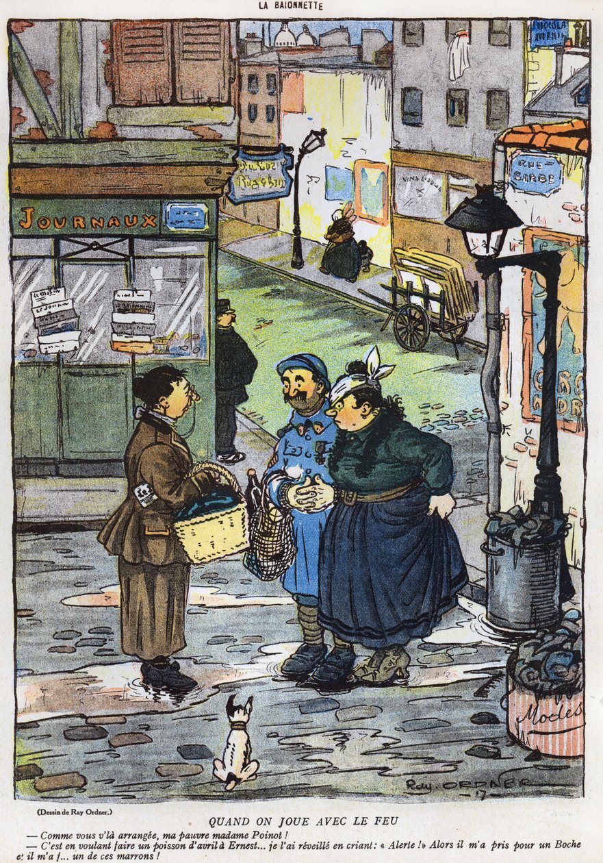 Karikatur über den misslungenen Versuch einer Frau, ihren Mann zu täuschen, aus der April-Ausgabe von La Baionette, 29. März 1917 von French School