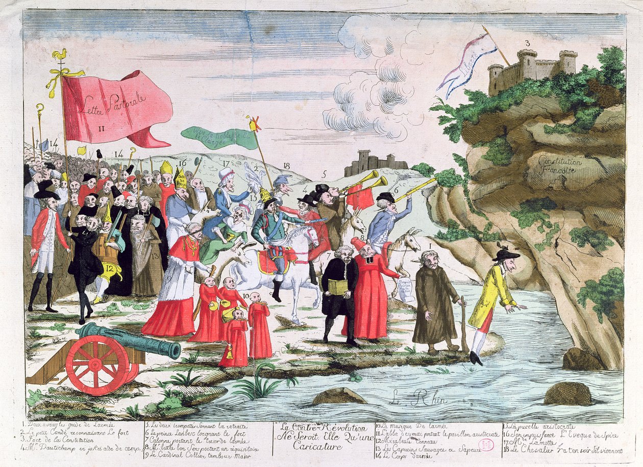 Karikatur, die den französischen Klerus und die Aristokraten verspottet, die während der Revolution nach Deutschland geflüchtet sind, ca. 1792 von French School