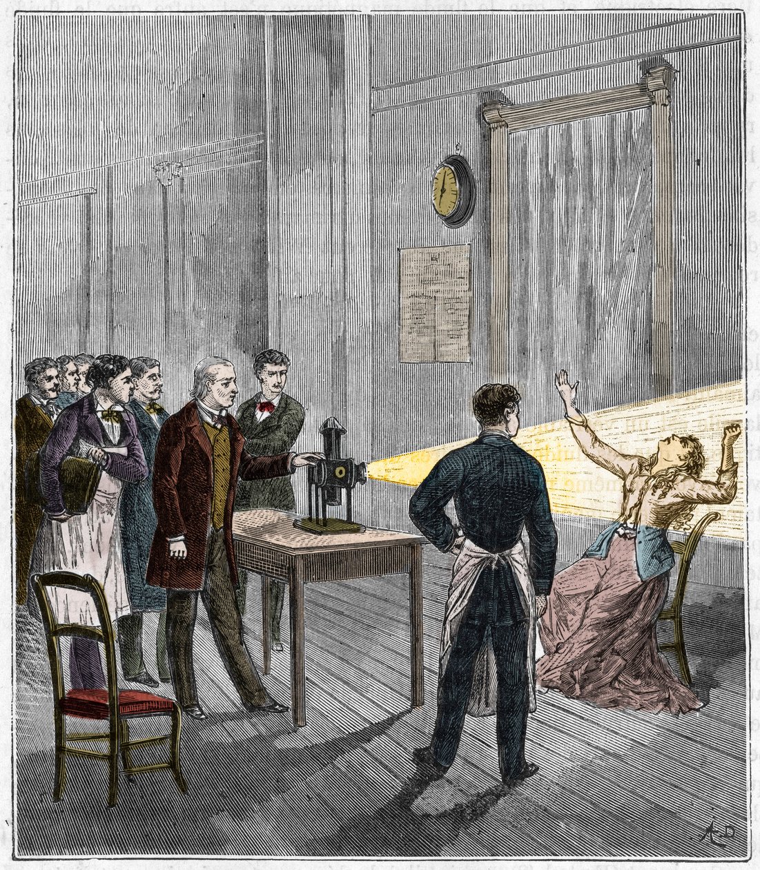 Katalepsie unter dem Einfluss von Licht - Der französische Neurologe Jean Martin Charcot (1825-1893) untersucht das Phänomen der Hypnose bei einem Patienten im Krankenhaus Salpêtrière mit einer Zauberlaterne - Katalepsie - Jean Martin Charcot (1825-1893),  von French School