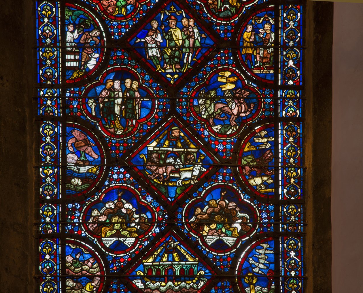 Kathedrale von Chartres, Buntglas: Leben von Noah, Detail (Mitte) von French School