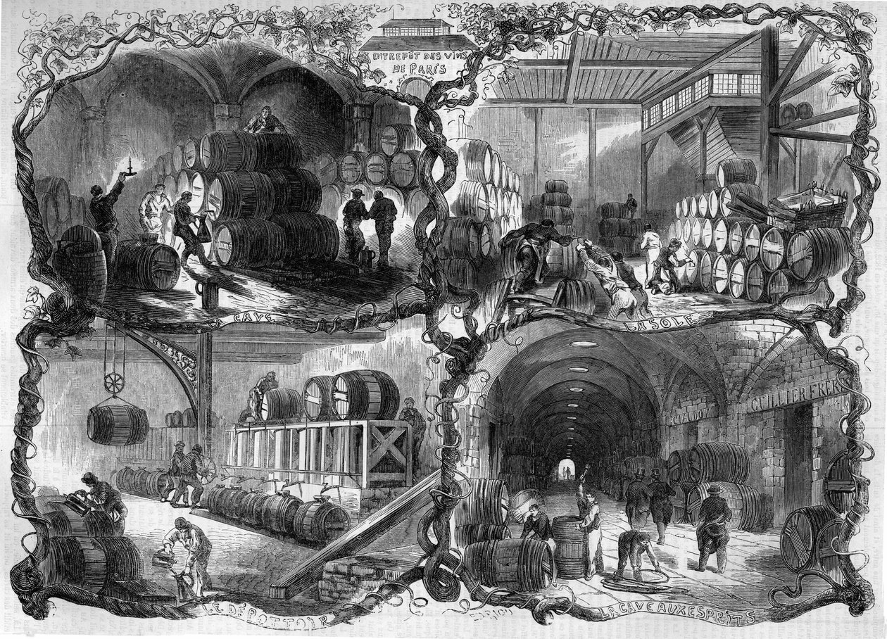 Keller des Lagerhauses für Weine und Branntweine in Paris; 1858. Gravur in „Le Monde Illustré“ Nr. 46 vom 27. Februar 1858 von French School