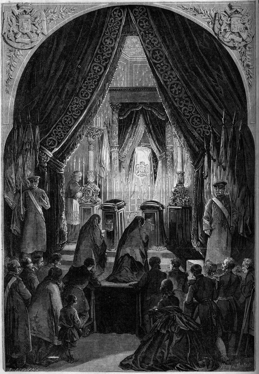 Aufbahrungskapelle bei der Beerdigung von Graf Philippe Antoine Ornano (1784-1863), Marschall des Kaiserreichs. Paris, Invalides von French School