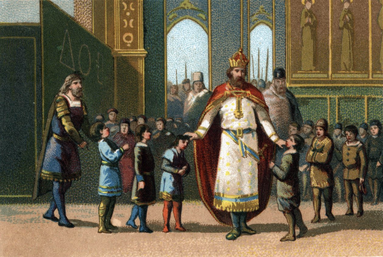 Karl der Große, König von Frankreich (768-814), Gründer der Schule, überwacht den Unterricht. Chromolithographie um 1890. von French School