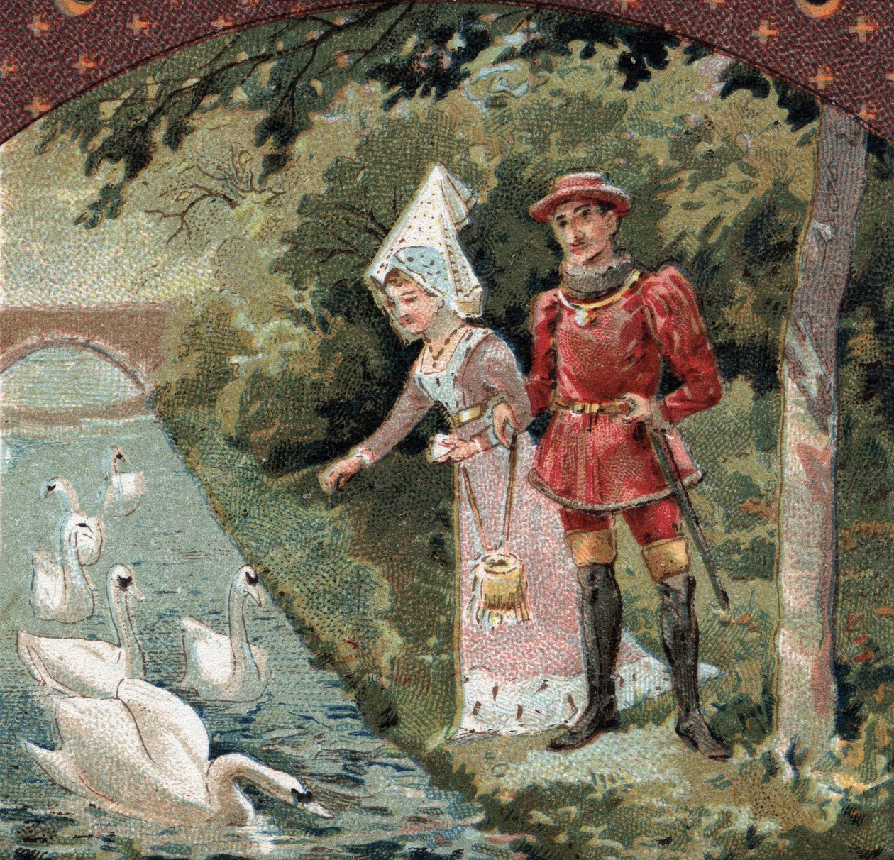 Karl VII. (1403-1461) mit seiner Favoritin, Agnes Sorel (bekannt als die Dame von Beauté-sur-Marne) (1422-1450), füttert Schwäne im Park des Schlosses von Savigny-sur-Orge. Chromolithografie des späten 19. Jahrhunderts von French School