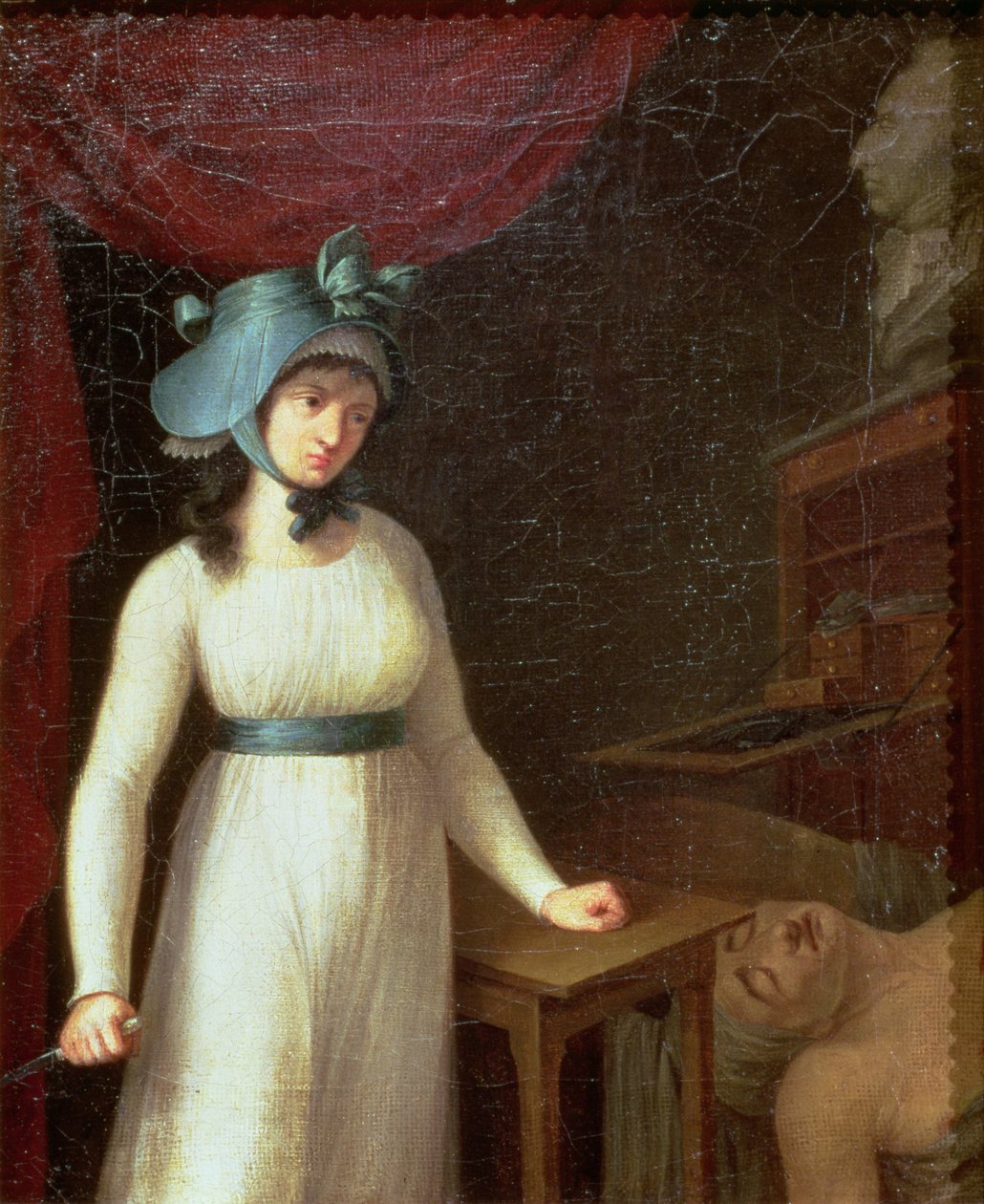Charlotte Corday (1768-93) und die Ermordung von Jean Paul Marat (1743-93) in seinem Bad von French School