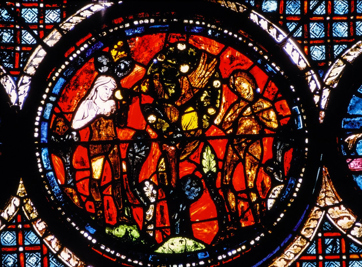 Chartres Kathedrale, Rundes Buntglasfenster des Barmherzigen Samariters von French School