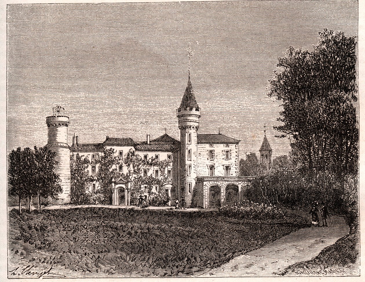 Schloss Lamartine - 71520 Saint Point - Gravur in „La France illustrée: géographie, histoire, administration statistique“ von V.A. Malt-Brown. 1884 von French School