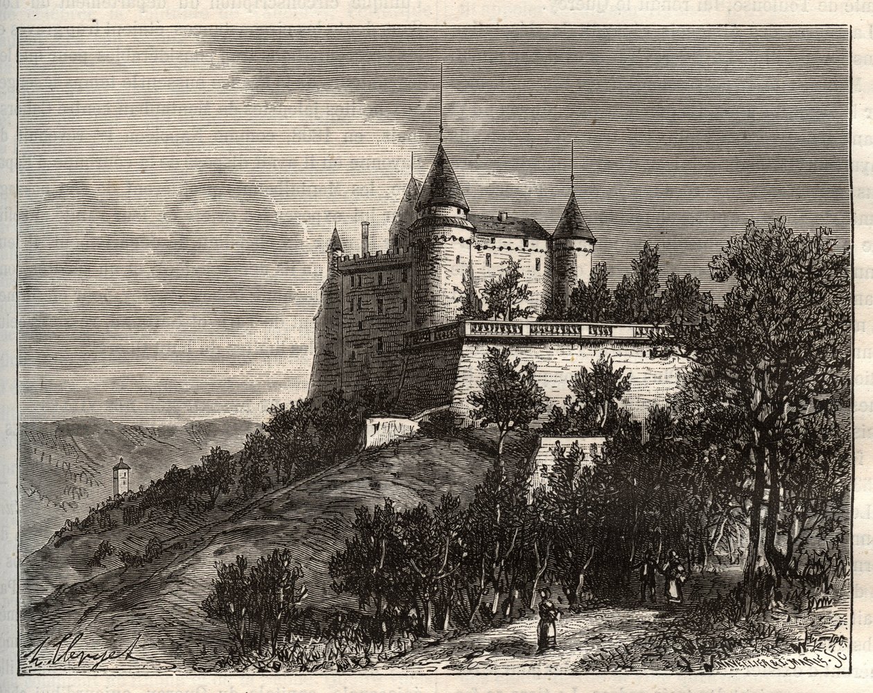 Schloss Mercues - Cahors - Gravur in „La France illustrée: géographie, histoire, administration statistique“ von V.-A. Malt-Brown. 1884. von French School