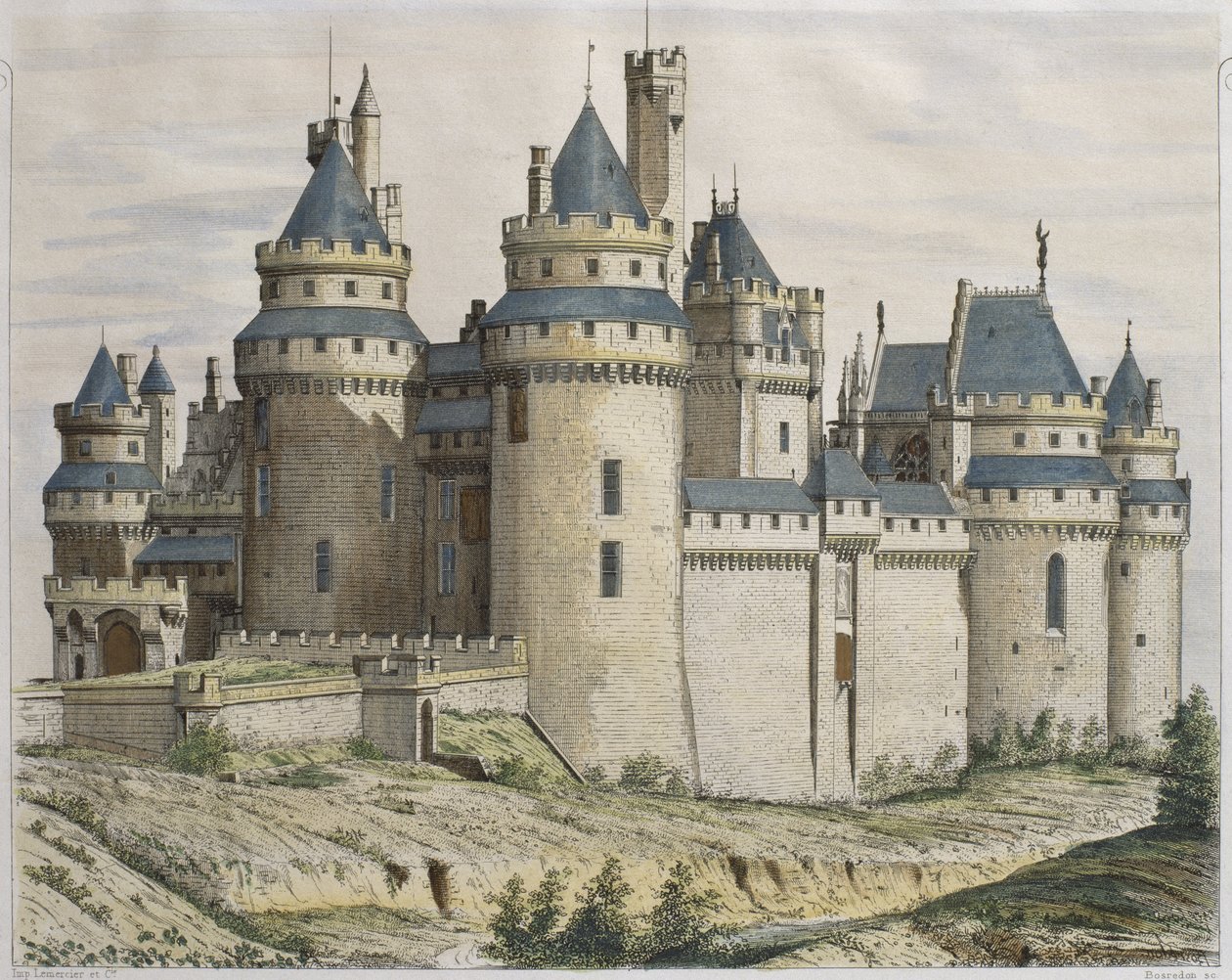 Schloss Pierrefonds, Illustration aus Le Moniteur des architectes, graviert von Bosredon (Farbstich) von French School