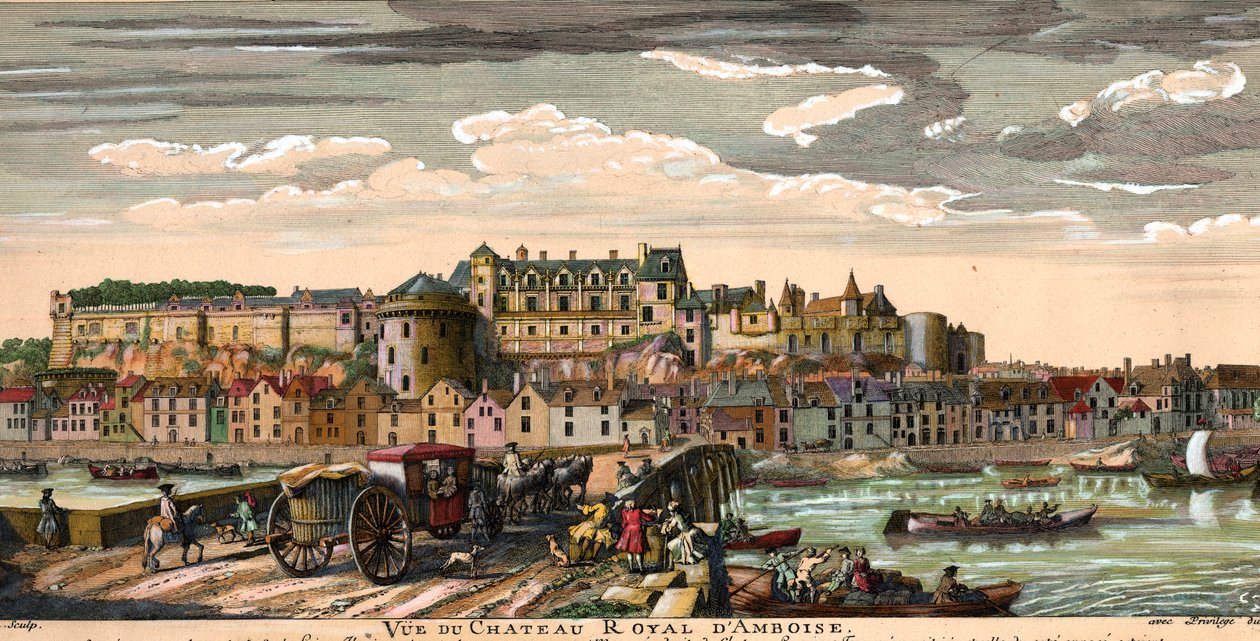 Schlösser der Loire: Ansicht des Schlosses von Amboise in Indre und Loire im 18. Jahrhundert. Epoche Gravur. Private Sammlung von French School