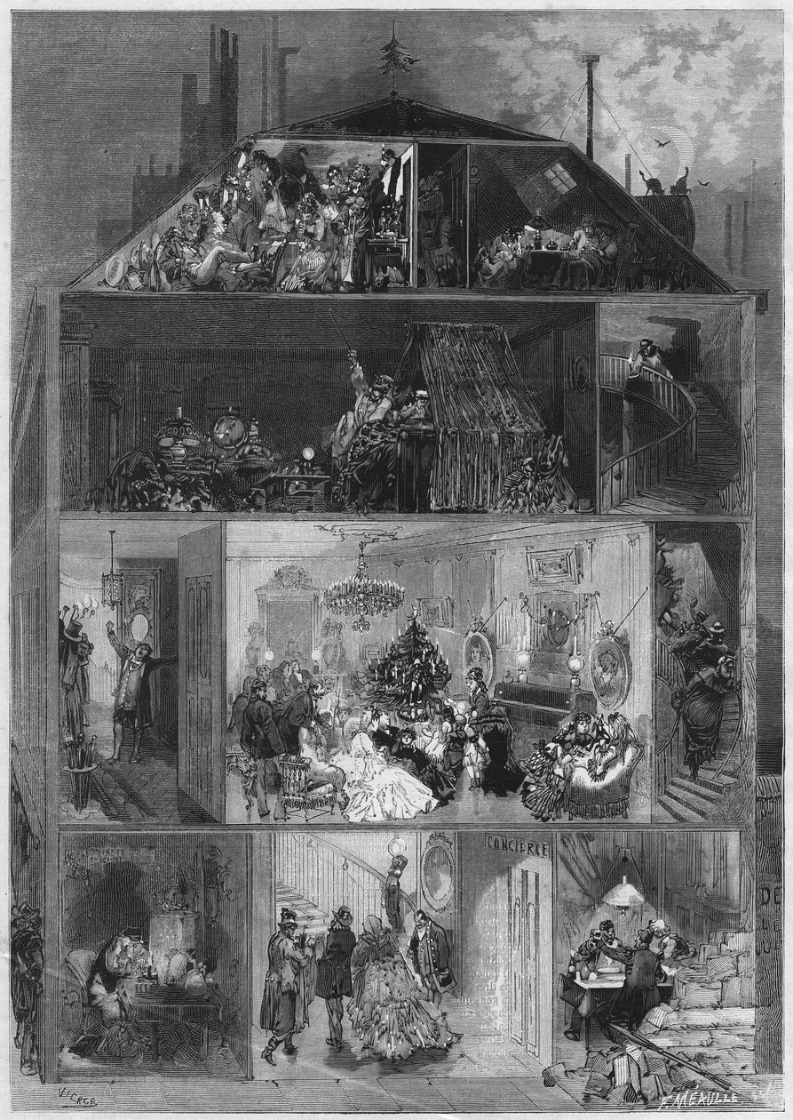 Heiligabend: Querschnitt eines Pariser Gebäudes, das verschiedene Arten zeigt, Silvester zu feiern. Gravur in „Le Monde Illustré“ Nr. 810 vom 19. Oktober 1872 von French School