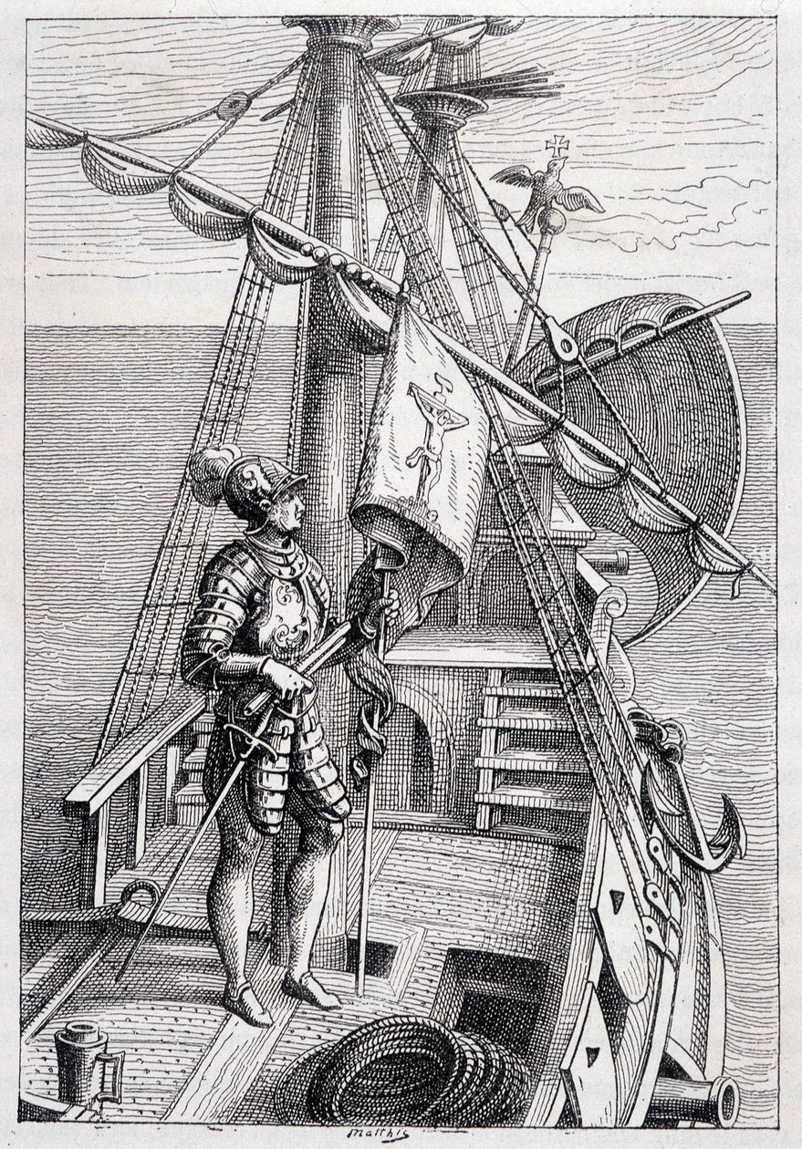 Christoph Kolumbus auf seinem Wagen, Illustration Entdeckung der Erde von Jules Verne, ed. Hetzel, 19. Jahrhundert von French School