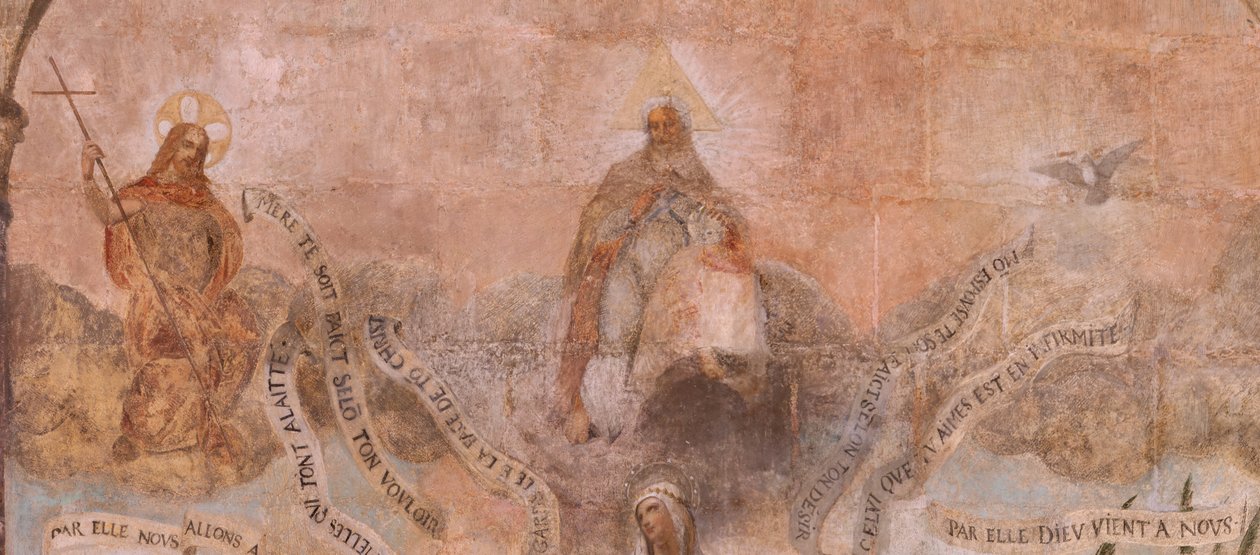 Kirche (Eglise Saint-Jean-Baptiste). Innenraum. Kapelle Saint-Fursy. Wandmalereien. Die Verherrlichung Marias. Anfang des 17. Jahrhunderts. von French School