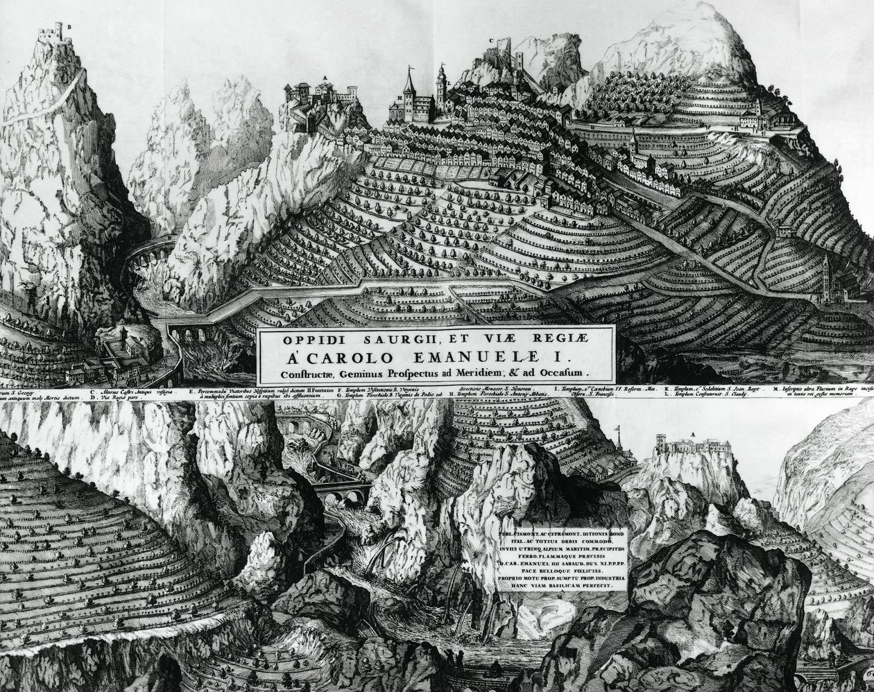 Stadt Saorge, Frankreich, unter savoyischer Herrschaft, Gravur von French School