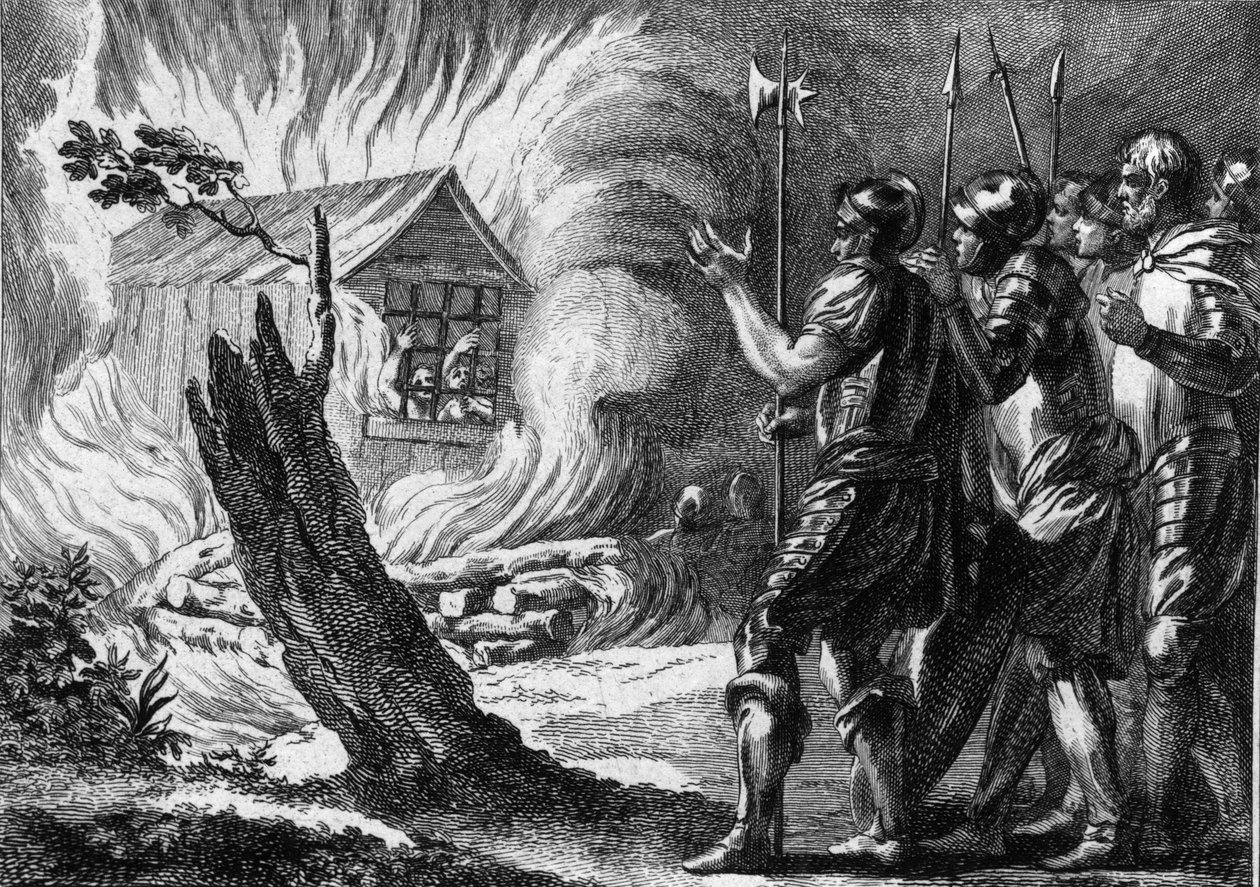 Chlothar I. (497-561), König der Franken, ließ seinen Sohn Chramne in einer Hütte verbrennen, der sich gegen ihn und seine Familie aufgelehnt hatte. Um 560. Gravur des 18. Jahrhunderts. von French School