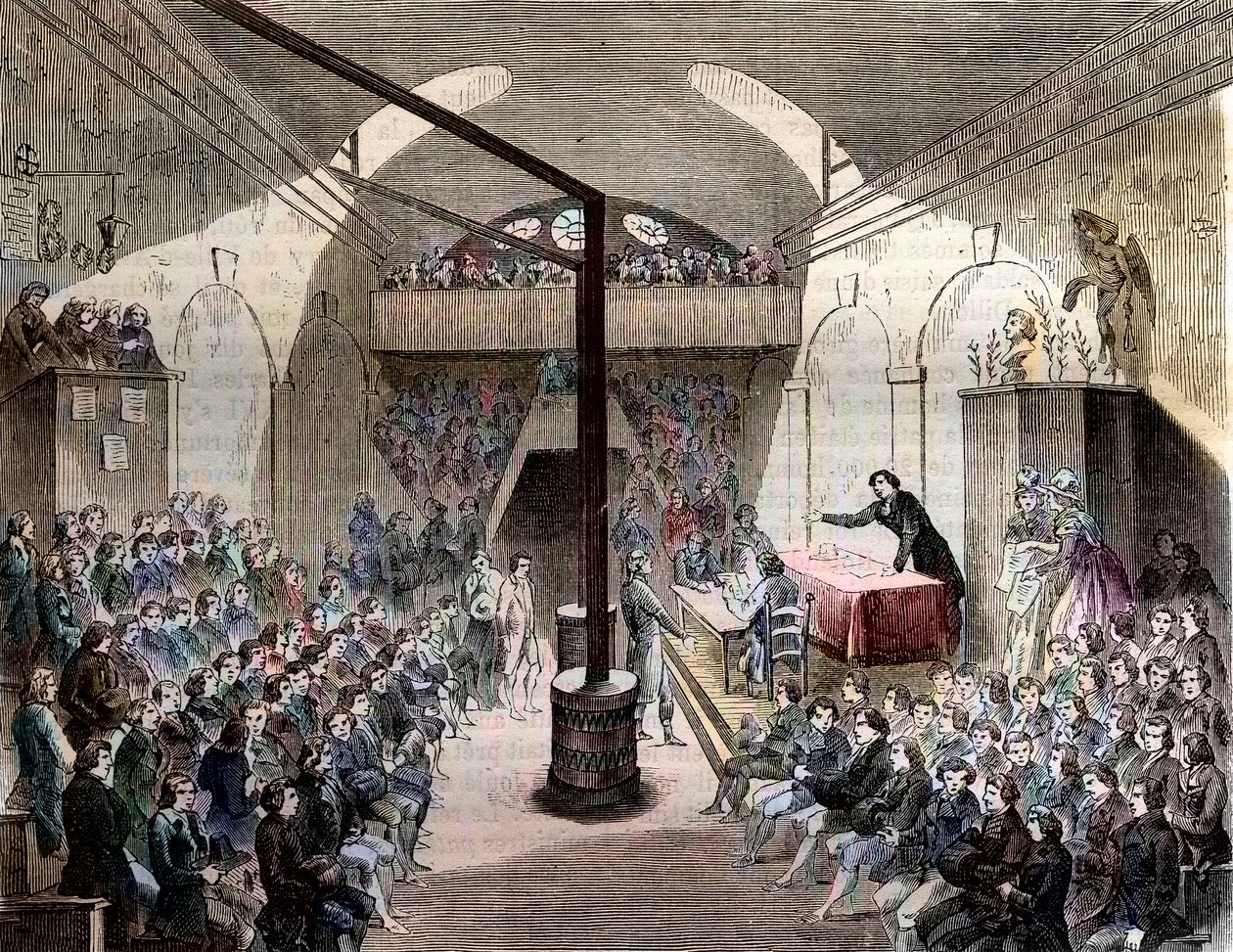 Club des Jakobiner - Paris rue Neuve-St Honore 1789 - Ansicht des Clubs der Jakobiner. Ehemaliges Kloster des Dominikanerordens - Eine Sitzung im Club der Jakobiner während der Revolution von 1789 - Gravur von 1844 - Französische Revolution. Eine Sitzung i von French School