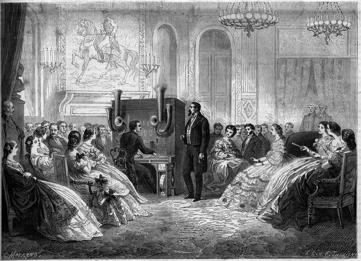 Konzert des „Piano-Elektromotor-Orchesters“ von seinem Erfinder J.B. Schalkenbach, in Anwesenheit von Napoleon III. und Kaiserin Eugénie de Montijo. Palais de Saint-Cloud von French School