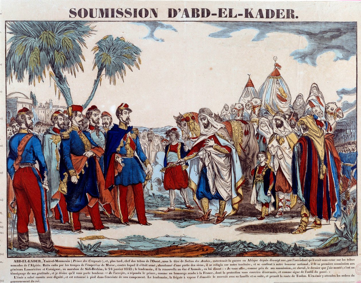 Eroberung Algeriens (1830-1847): die Unterwerfung von Abd el Kader (Abd-el-Kader oder ibn Muhyi al-Din al-Hasani) (1807-1883) vor dem Herzog von Aumale und der französischen Armee am 24.01.1848. Gravur des späten 19. Jahrhunderts Private Sammlung von French School