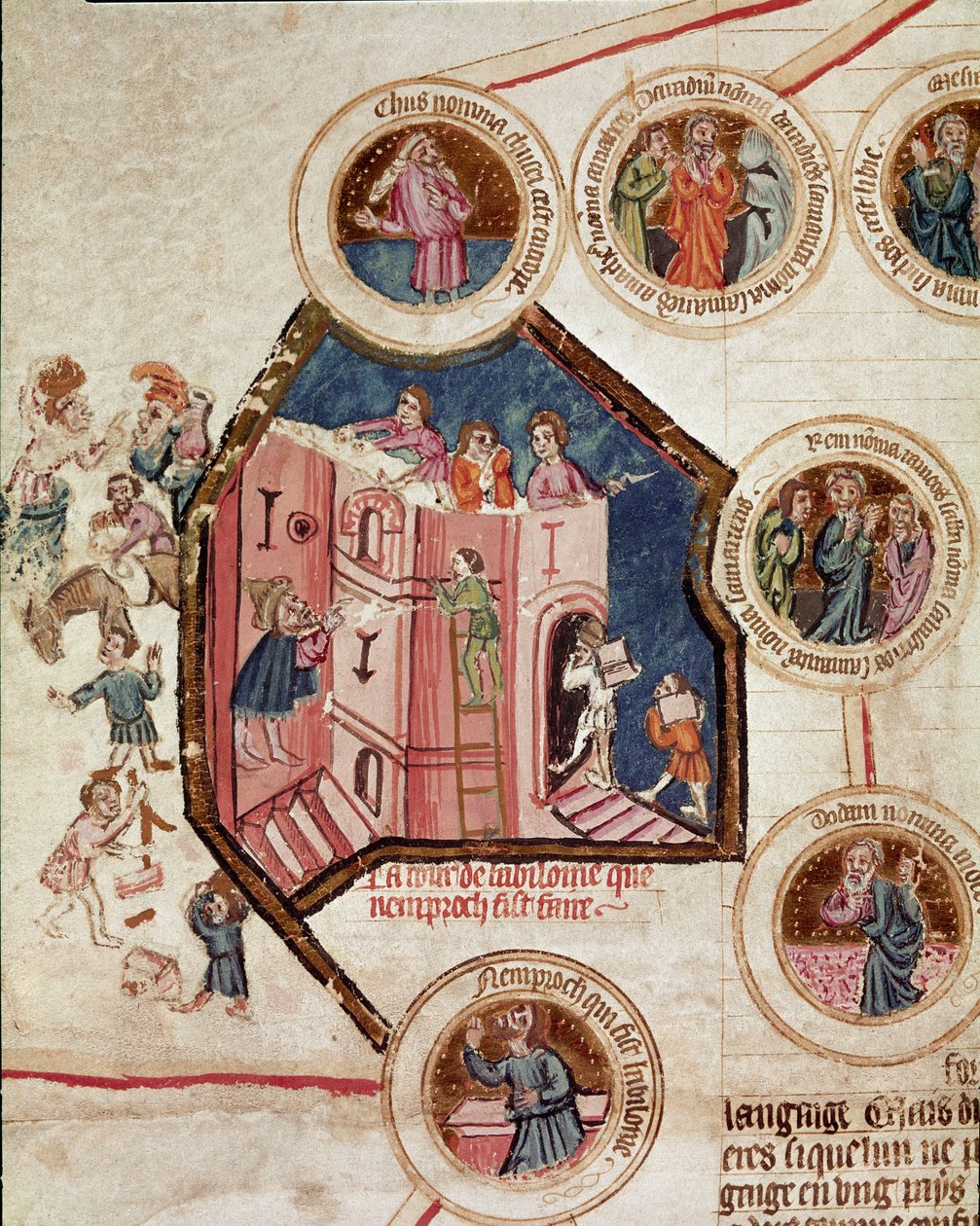 Baustelle des Turms von Babel in Babylon. Seite aus dem Manuskript Genealogie der Bibel der französischen Schule. 14. Jahrhundert. Cremona, Biblioteca Governativa von French School